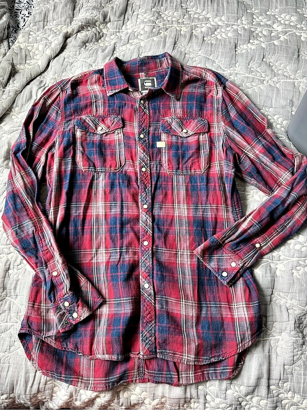 G-Star RAW Plaid Snap Front Shirt in Red & Blue XL